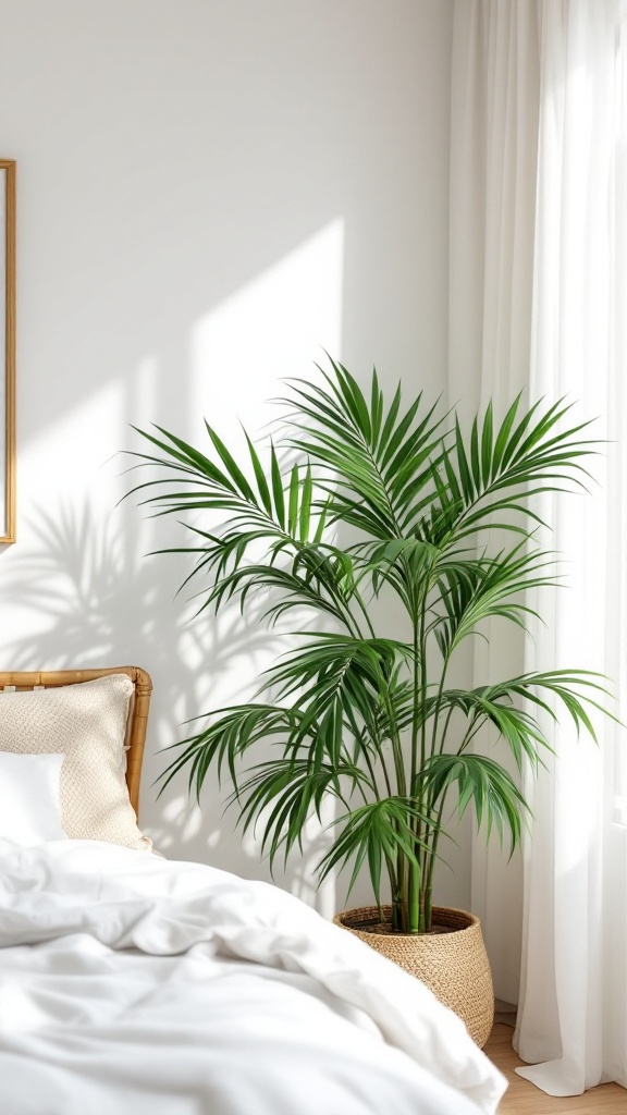 A bamboo palm in a cozy bedroom setting