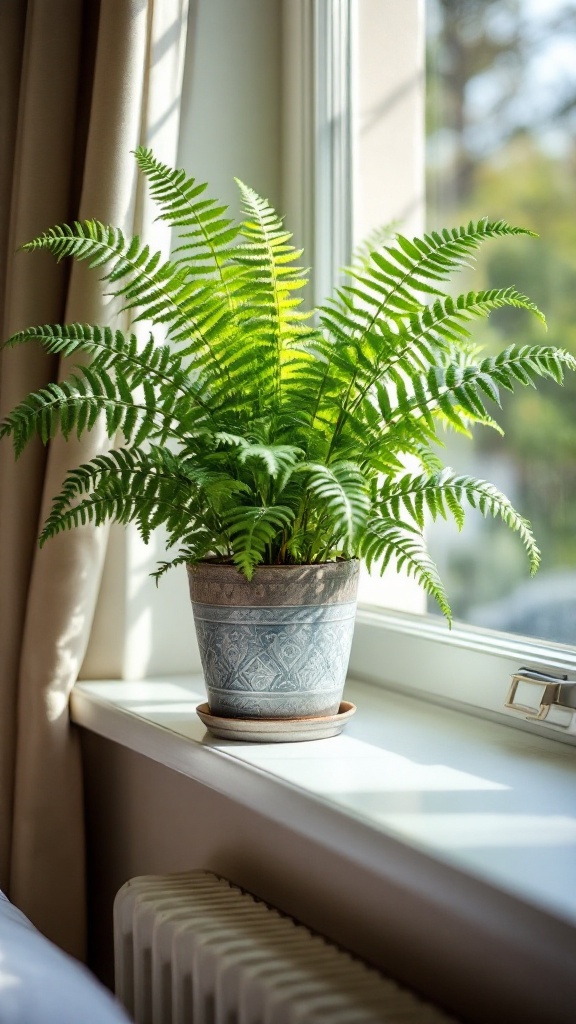 A Boston fern in a decorative pot on a windowsill