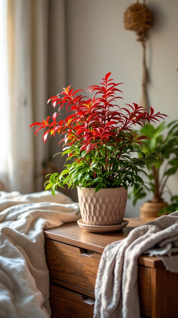 A vibrant Chinese evergreen plant in a stylish pot, placed on a wooden surface.