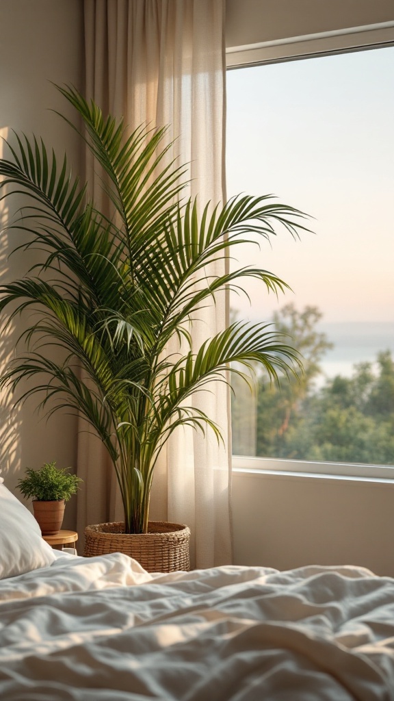 A lady palm tree next to a window in a cozy bedroom.