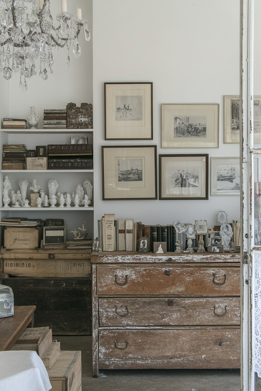 Living room with a weathered wooden chest of drawers