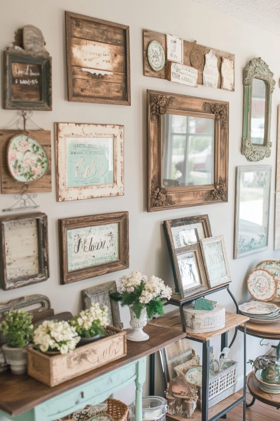 Gallery wall with vintage frames and mirrors