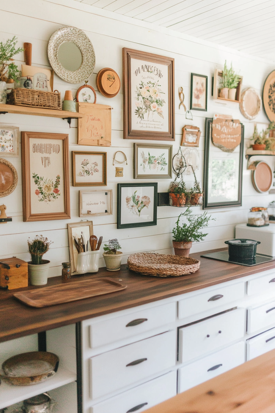 Gallery wall with vintage frames and mirrors