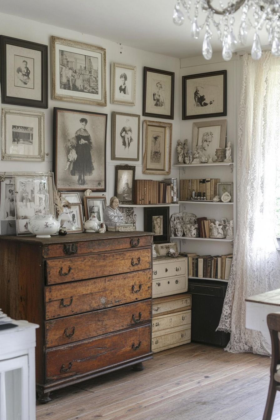 Living room with a weathered wooden chest of drawers