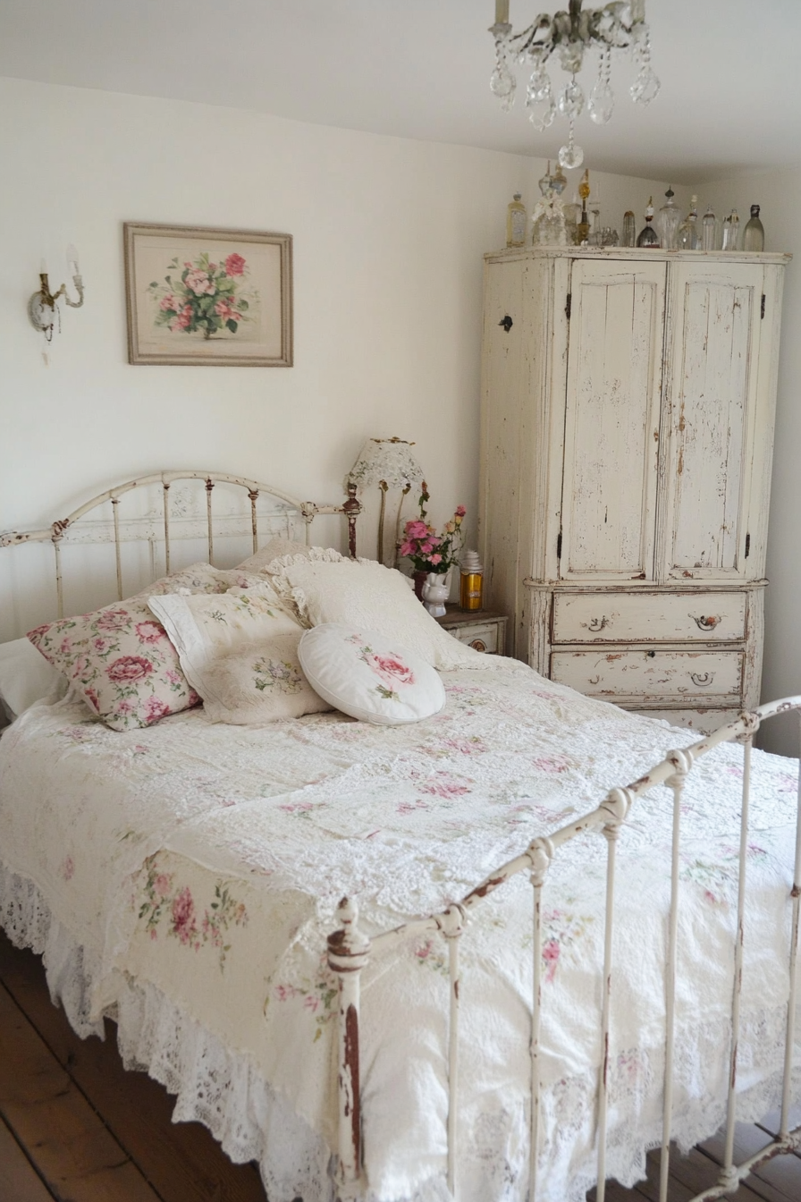 Vintage floral bedroom with pastel iron bed