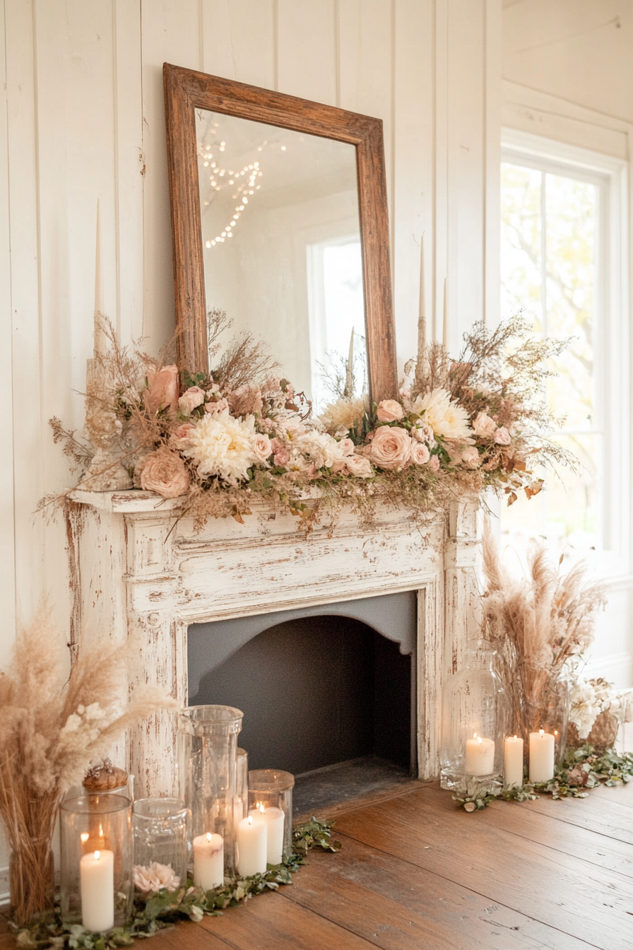 Fireplace mantel with antique mirror and vintage decor