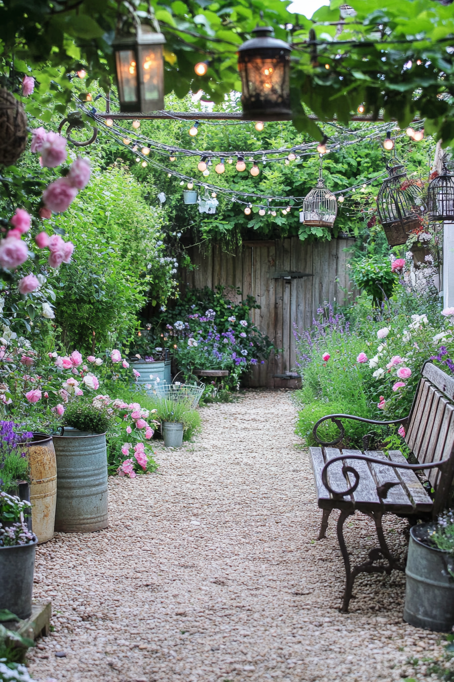 Shabby chic garden with vintage furniture and flowers