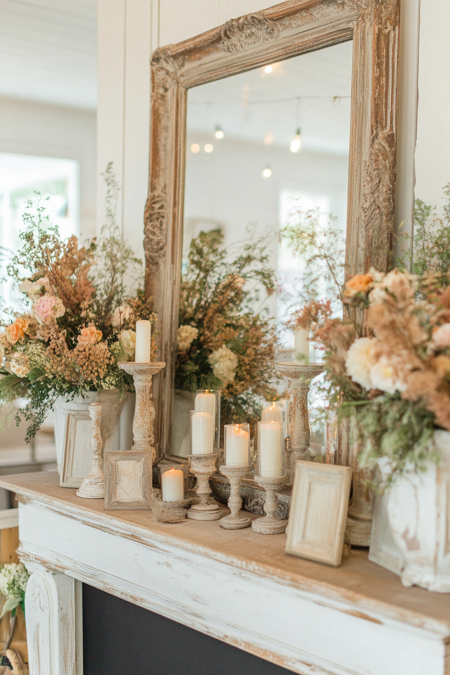 Fireplace mantel with antique mirror and vintage decor