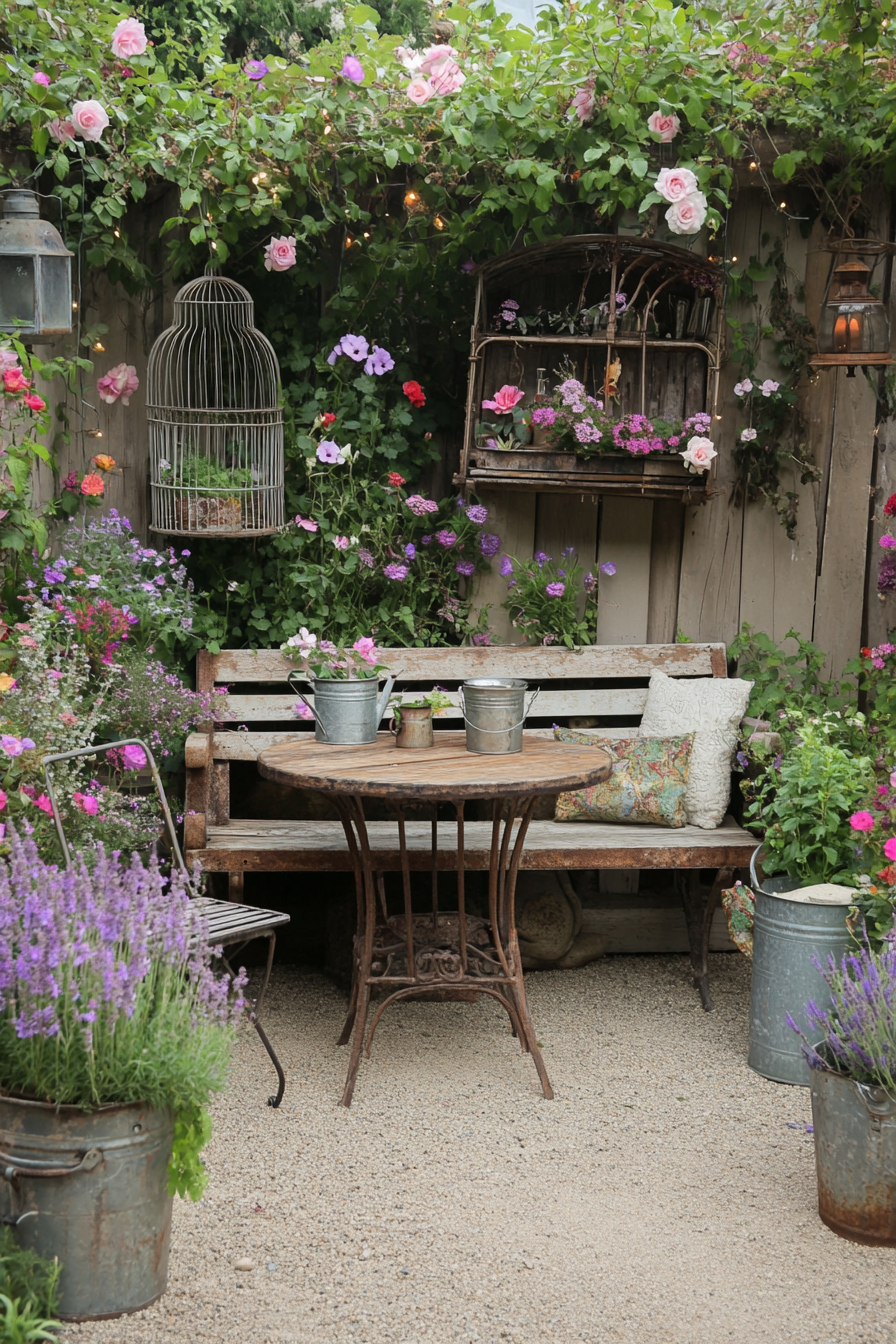 Shabby chic garden with vintage furniture and flowers