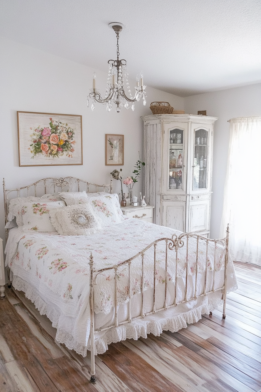 Vintage floral bedroom with pastel iron bed