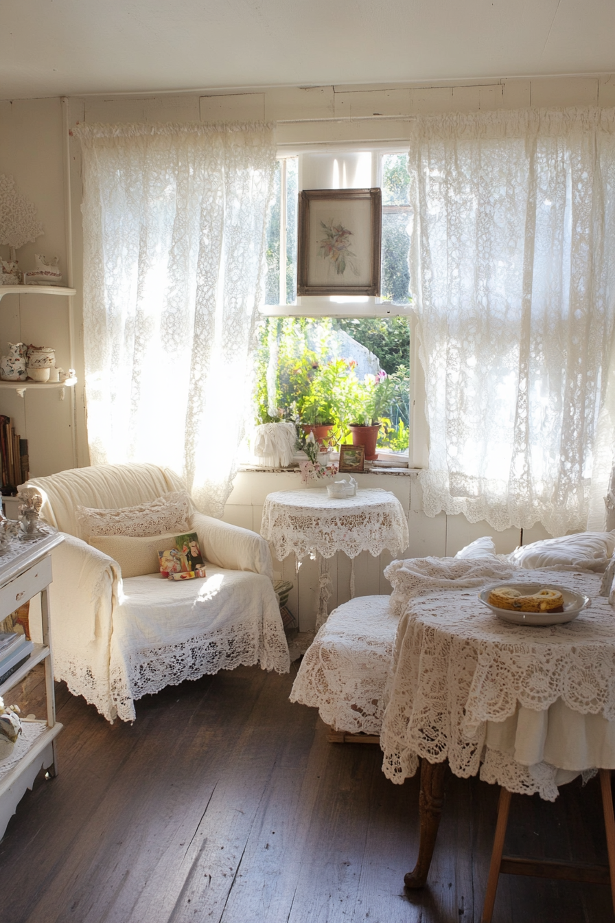 Bedroom with lace curtains and linen bed linen