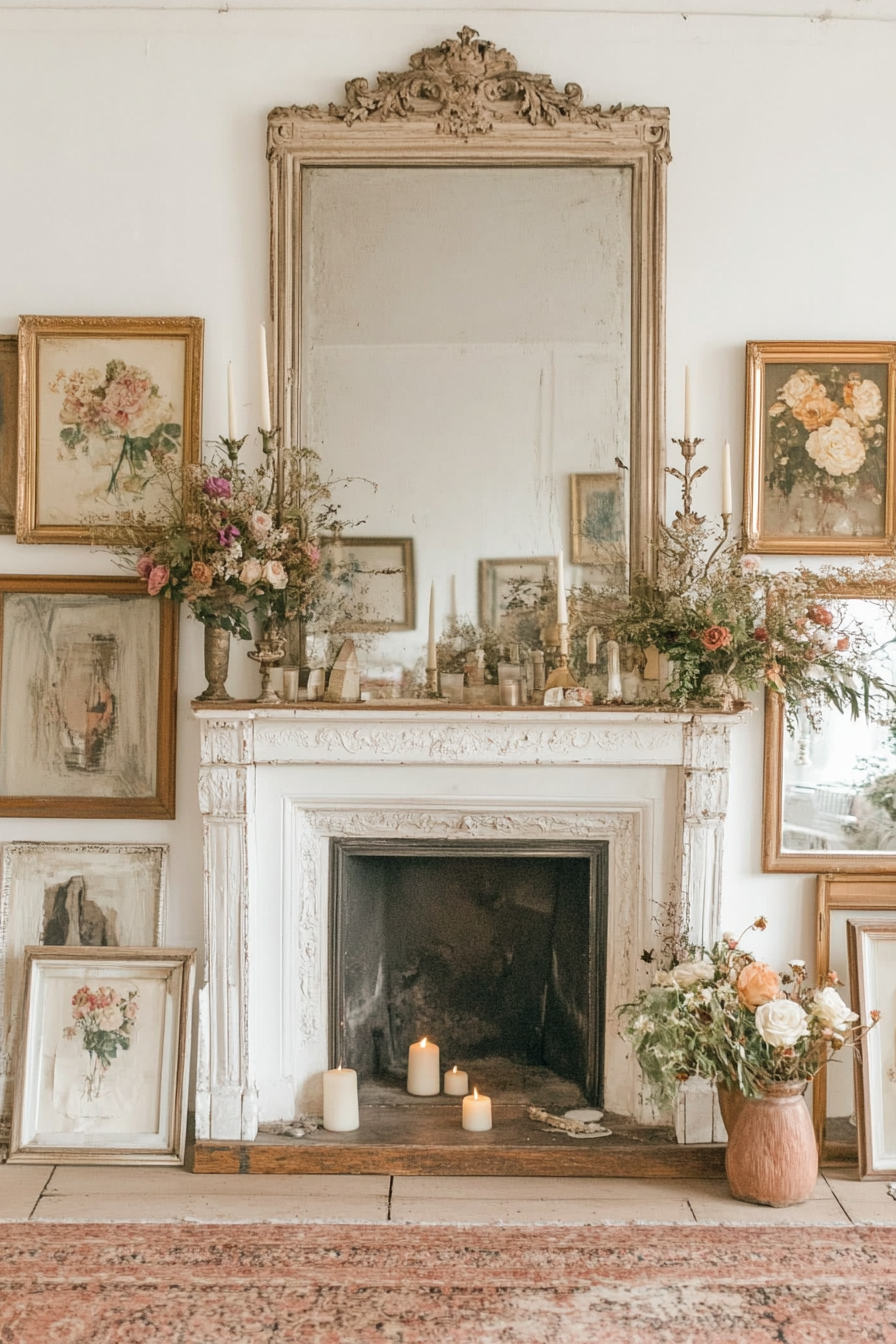 Living room with antique mirrors and vintage decor