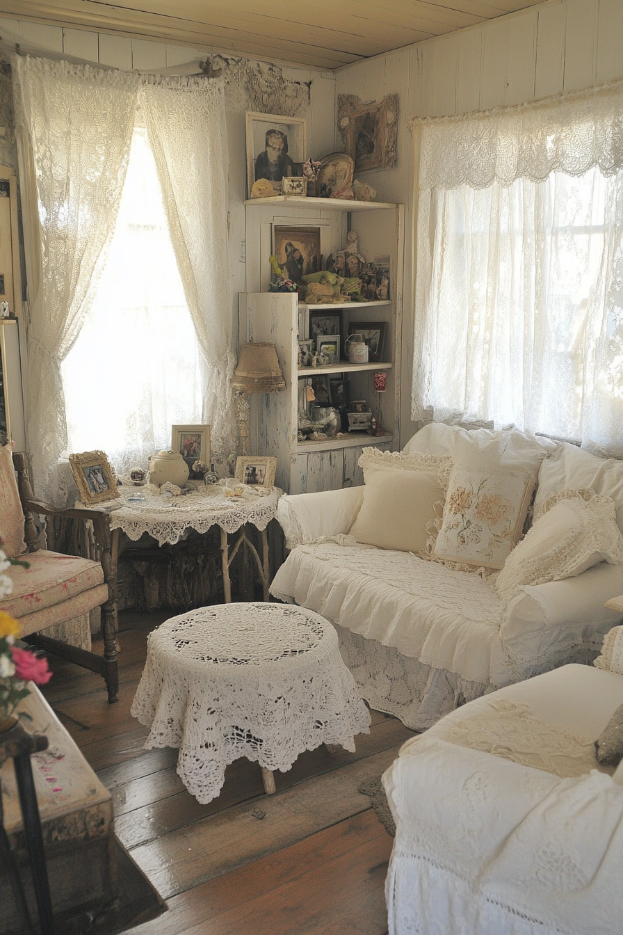 Bedroom with lace curtains and linen bed linen