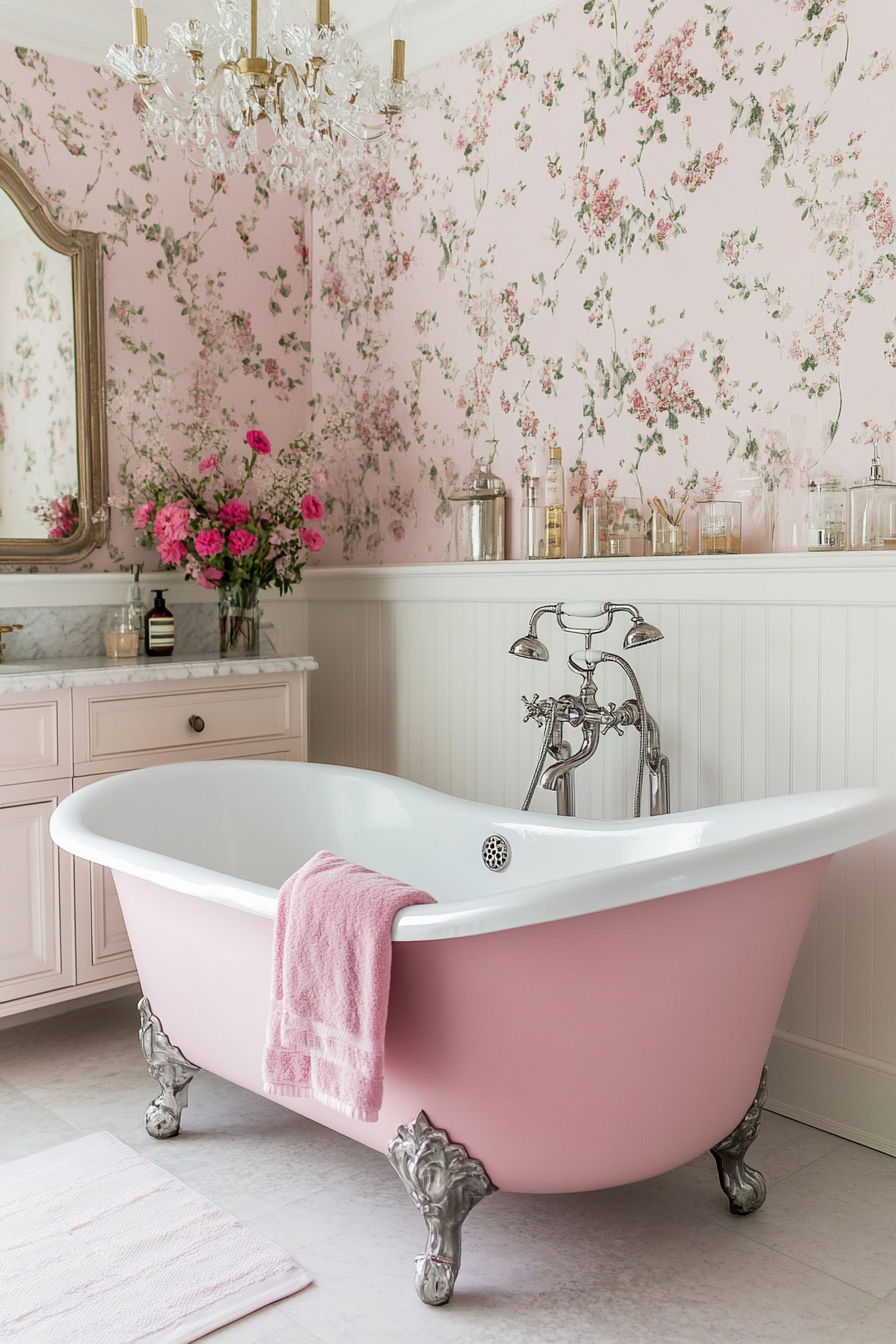 Vintage pink bathroom with clawfoot bathtub