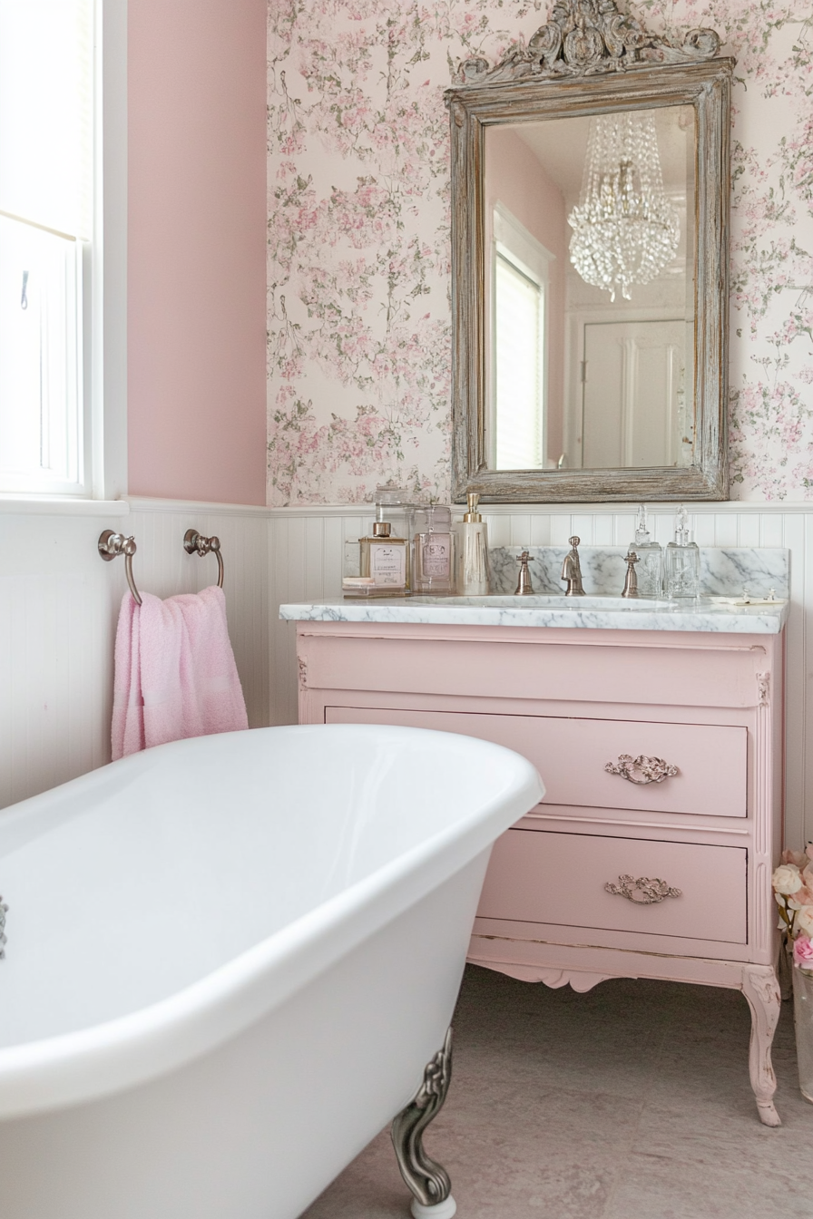 Vintage pink bathroom with clawfoot bathtub