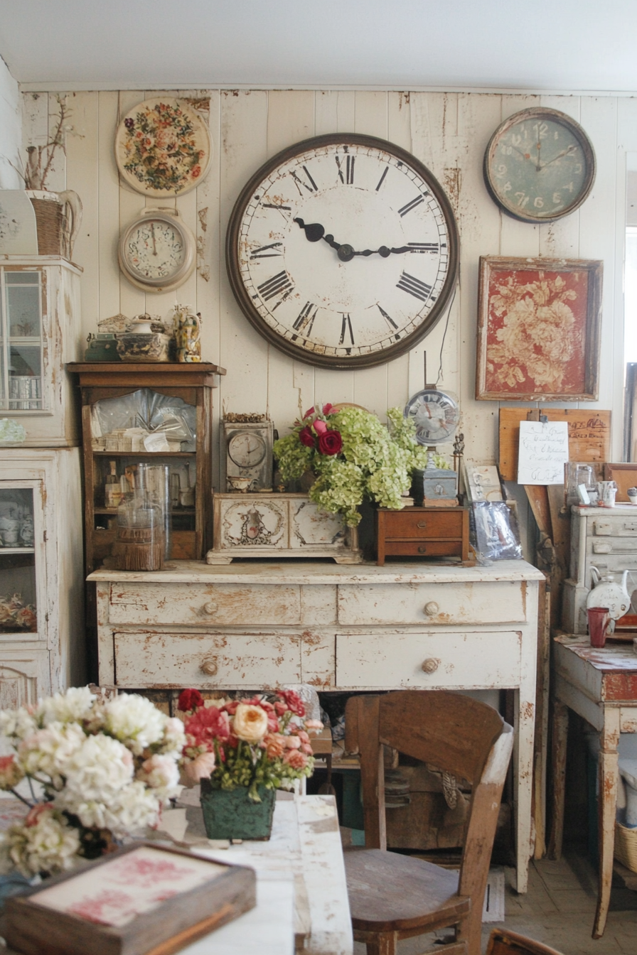 Living room with vintage wall and mantel clocks