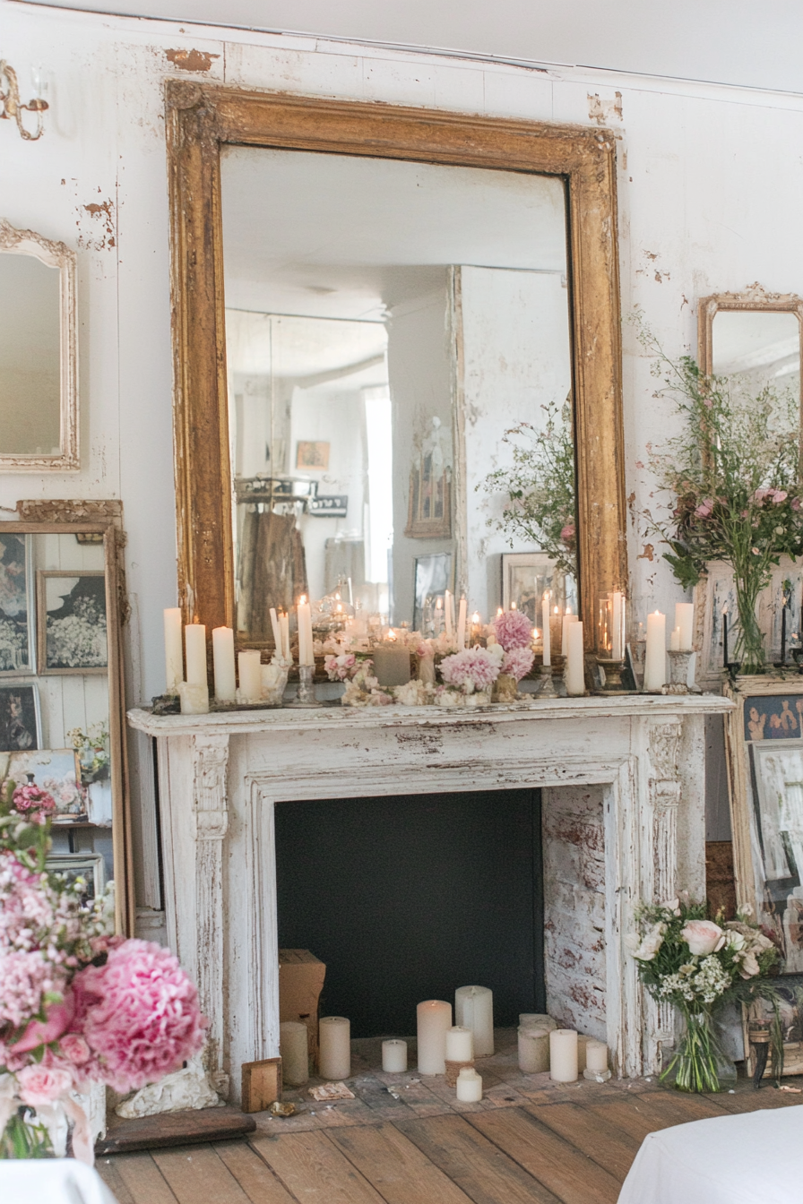 Living room with antique mirrors and vintage decor