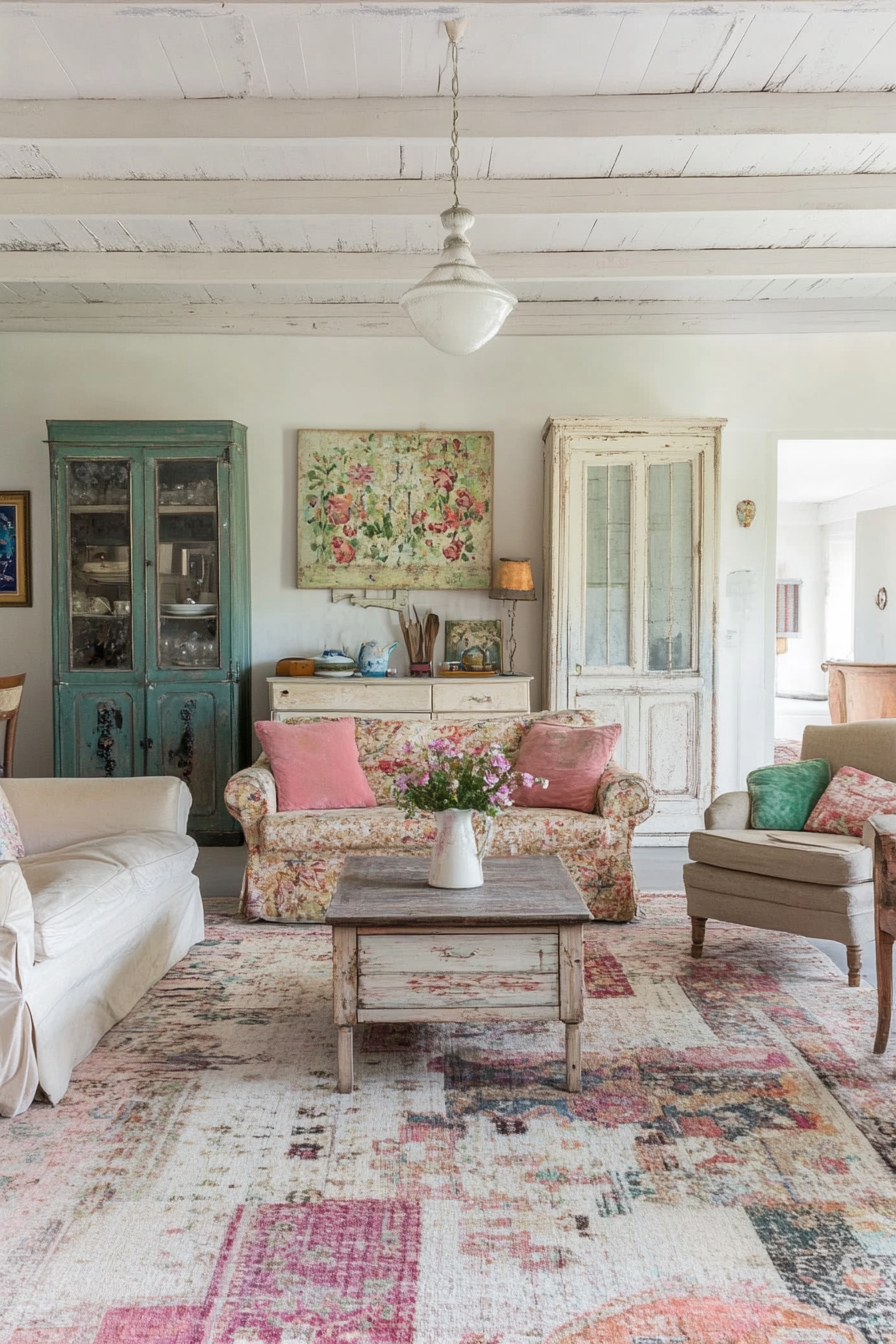 Living room with soft pastel walls and used-look furniture