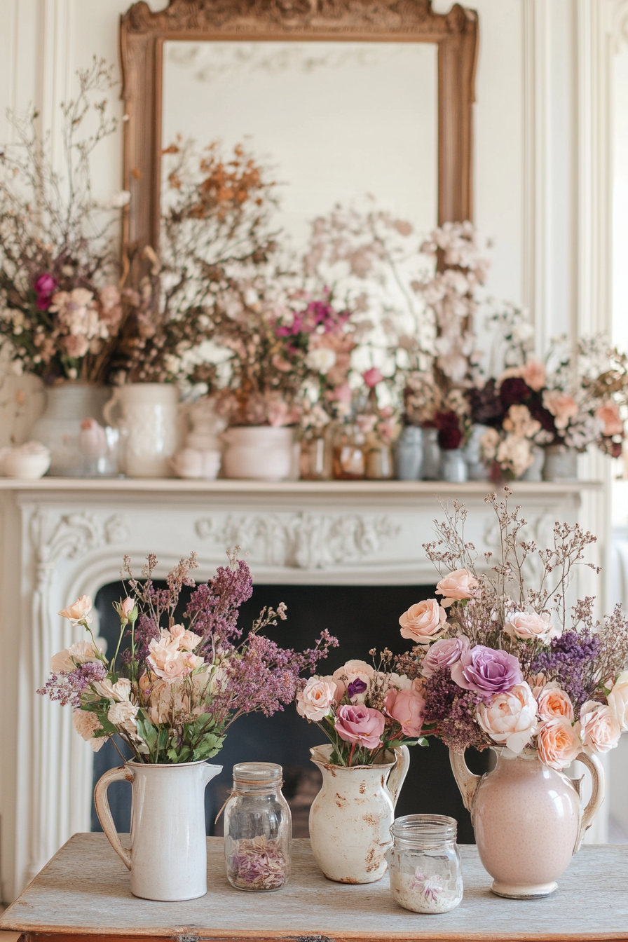 Living room with fresh and dried flower arrangements