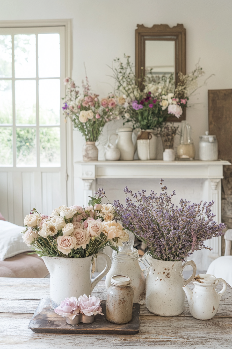 Living room with fresh and dried flower arrangements