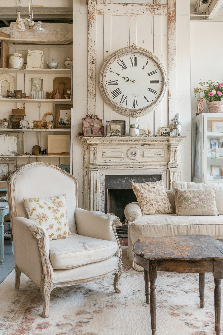 Living room with vintage wall and mantel clocks