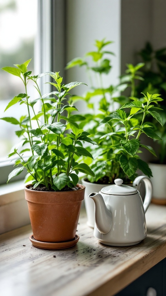 Potted lemon balm and mint plants next to a teapot on a windowsill.