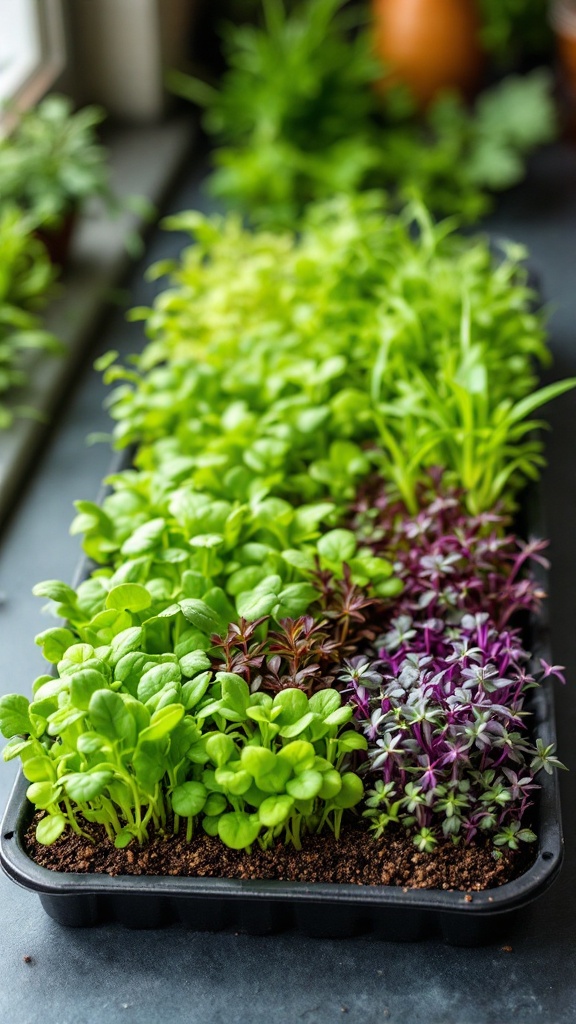 A tray of various microgreens showing bright colors and healthy growth.