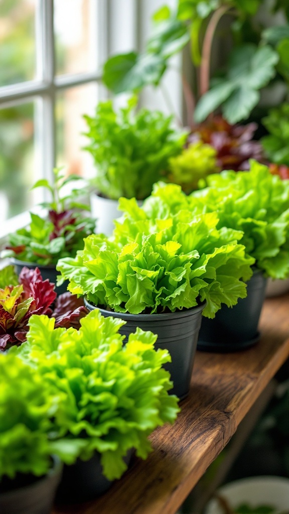 Different types of lettuce in pots on a wooden shelf by the window