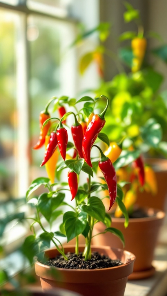 A closeup of red and yellow chili plants in terracotta pots