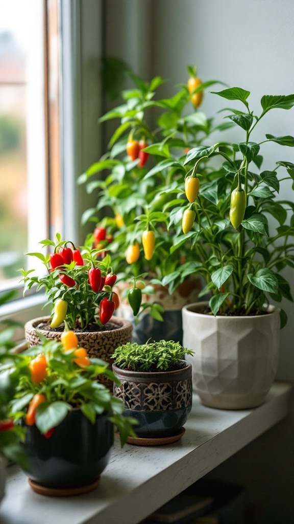 Colorful peppers in various planters on a windowsill.