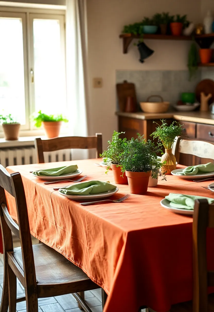 How to Use Earthy Terracotta and Sage Green in Textiles: Curtains, Rugs, and More for Any Room! - Kitchen: Terracotta table linen