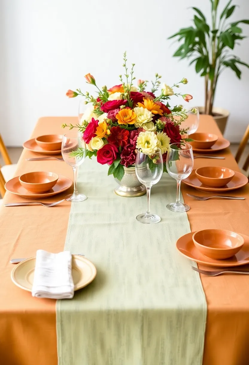 How to Use Earthy Terracotta and Sage Green in Textiles: Curtains, Rugs, and More for Any Room! - Dining room: Sage green table runner