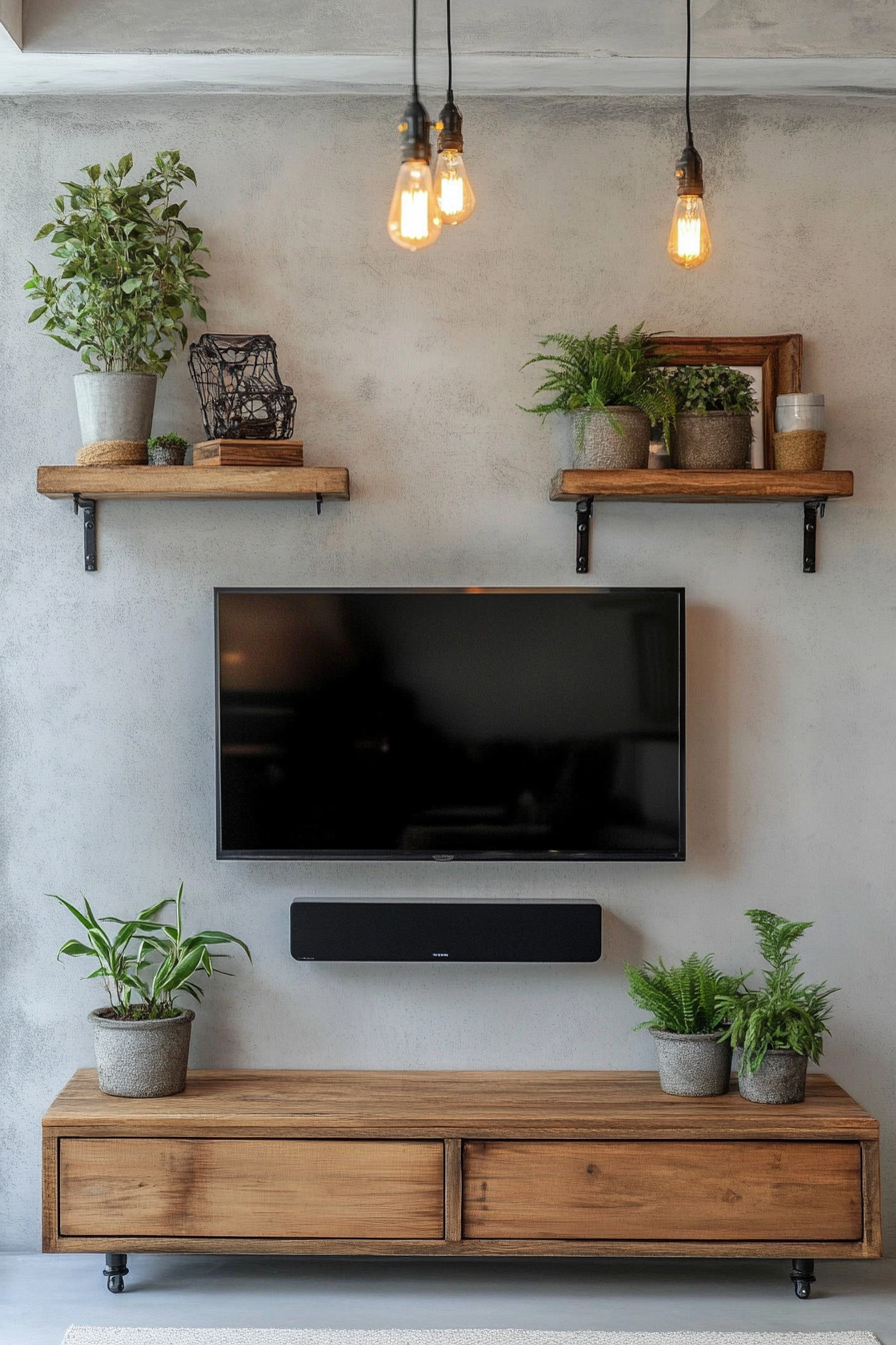 TV wall with shelves made of reclaimed wood and industrial lighting