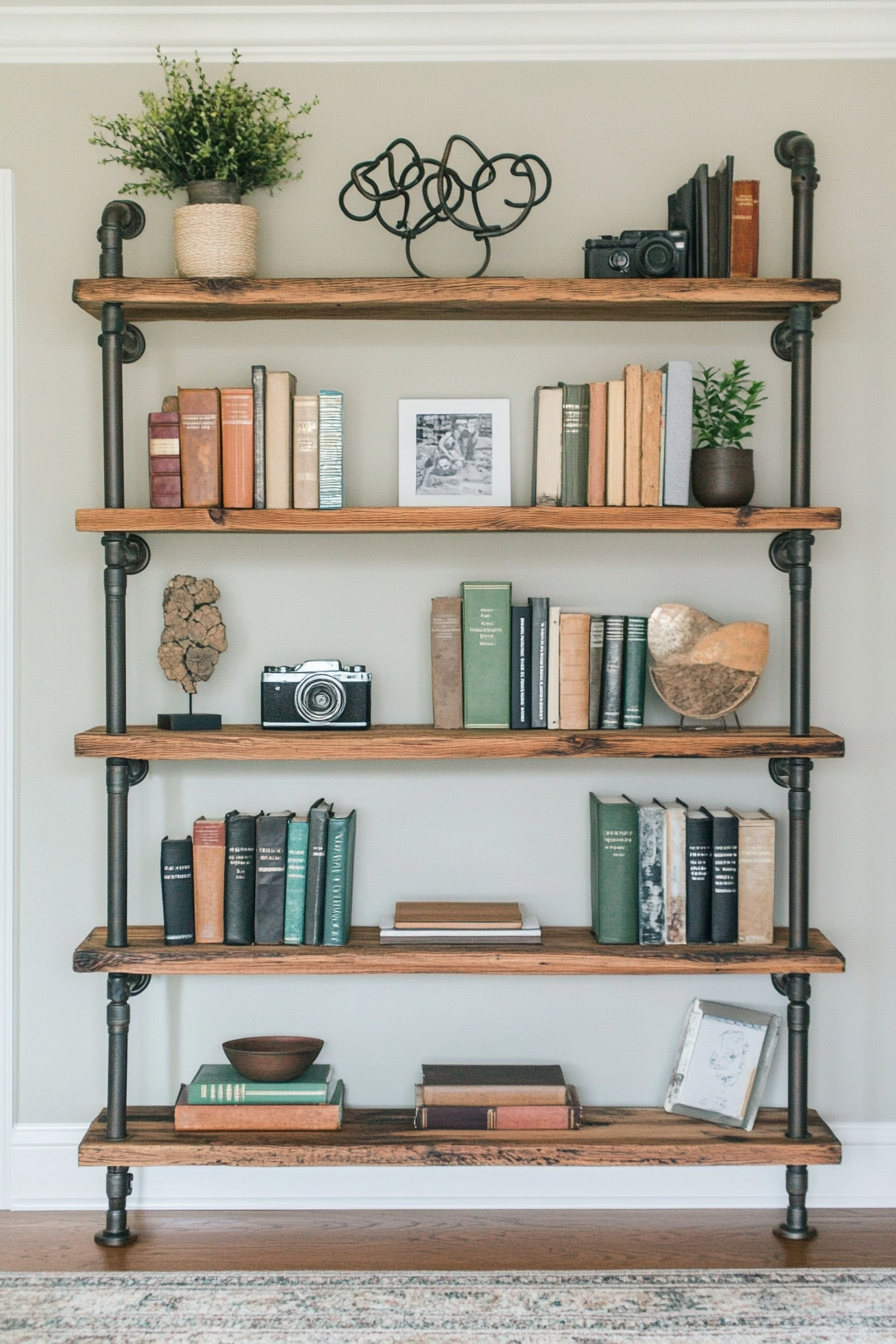 Pipe shelf with metal pipes and reclaimed wood boards