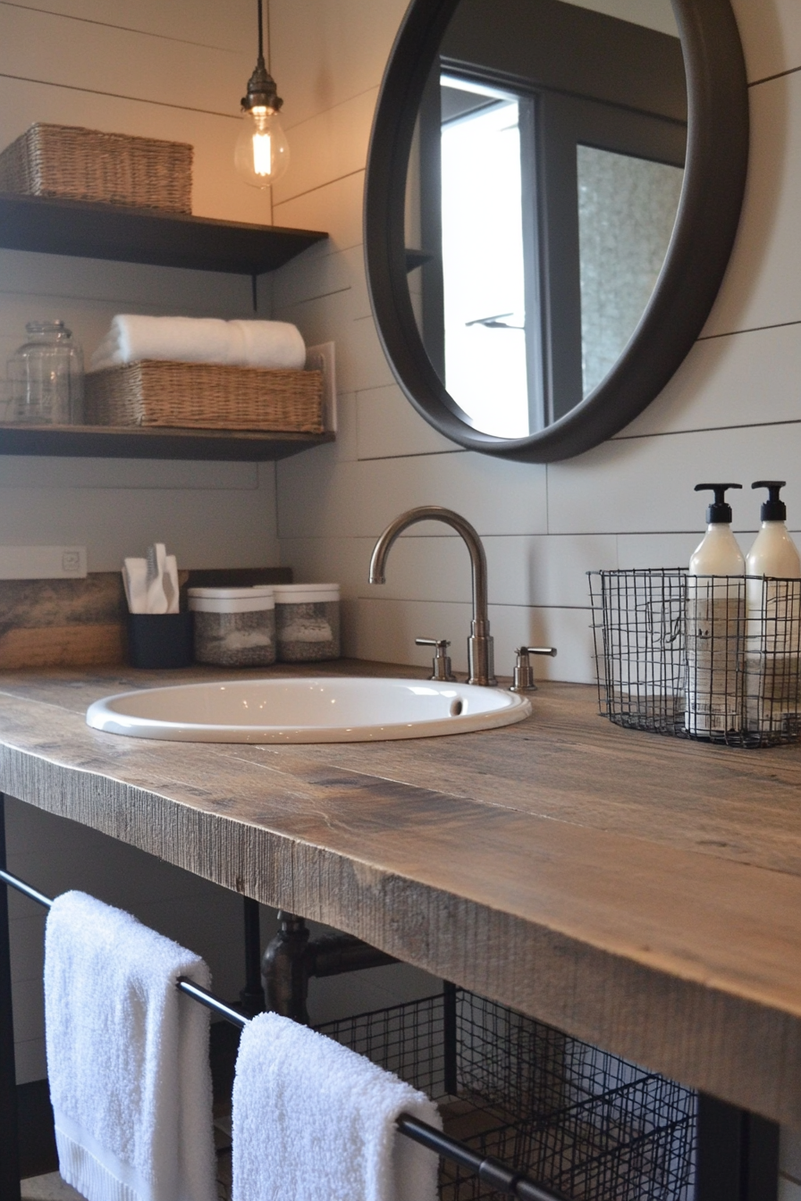 Bathroom counter with open shelves and metal pipes