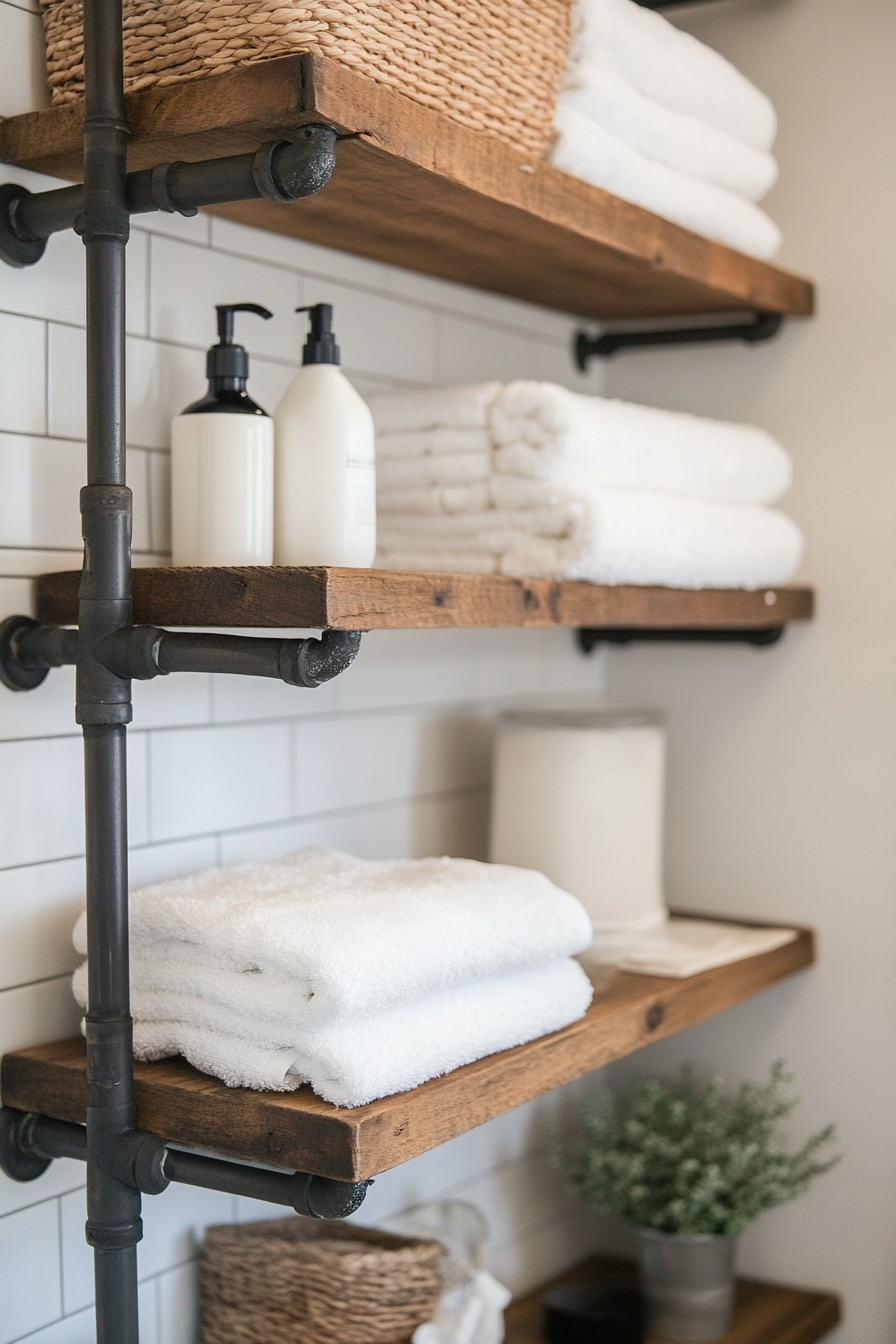 Kitchen with industrial pipe shelves for dishes and glasses