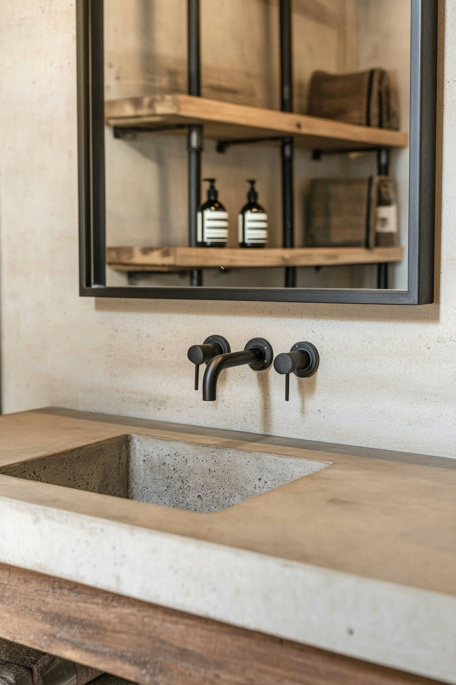 Bathroom counter with matt black faucet and metal soap dispenser