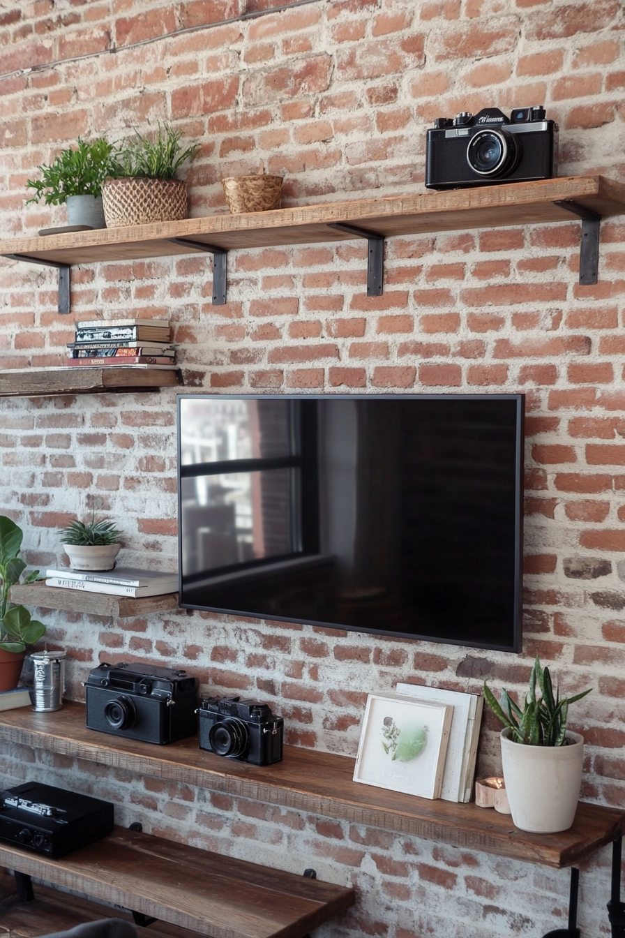 TV wall with metal wall lights and Edison light bulbs