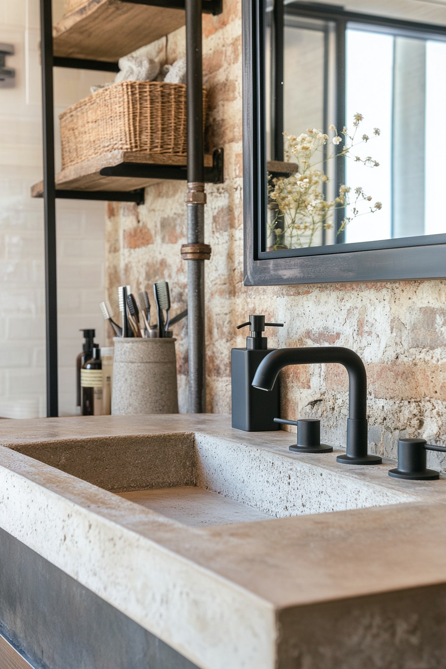 Bathroom counter with concrete countertop and metal framed mirror