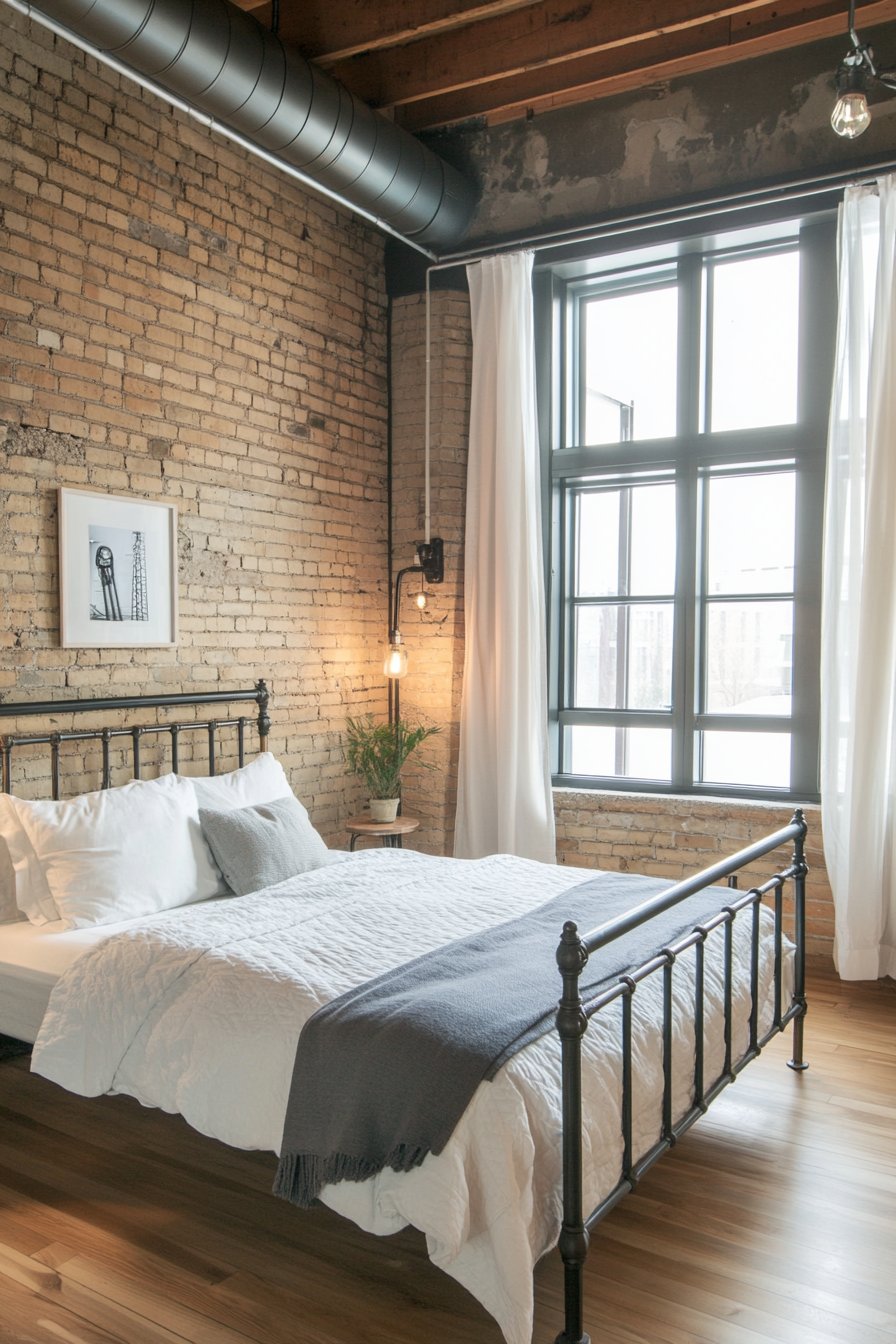 Bedroom with metal bed frame and old wood furniture