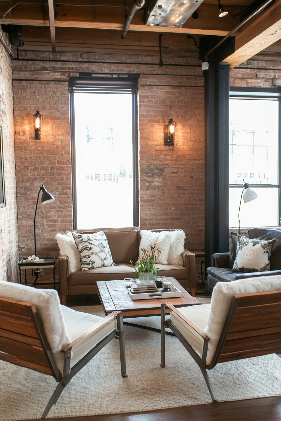 Living room with adjustable industrial wall lights