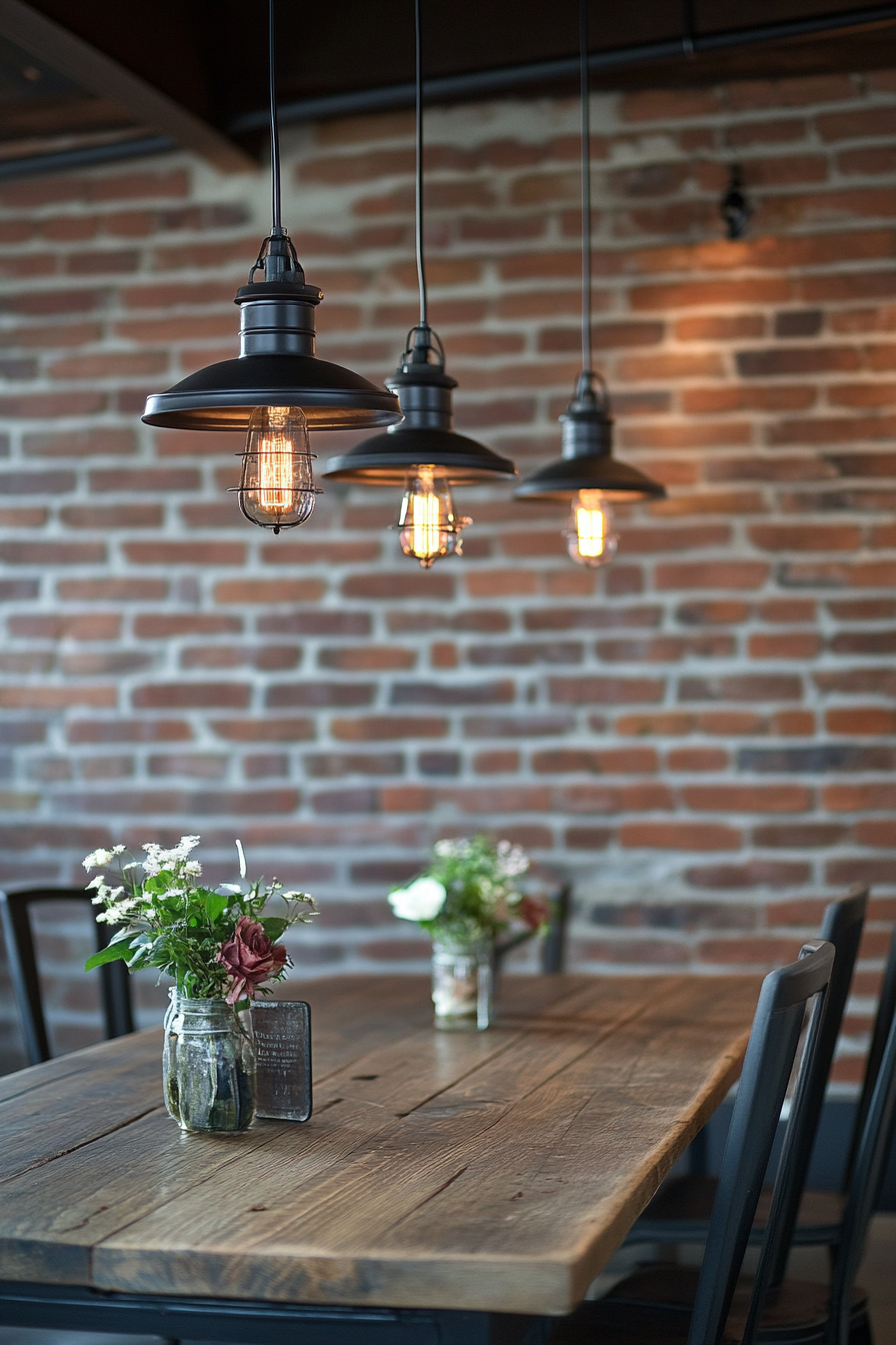 Dining area with industrial pendant lights and metal shades