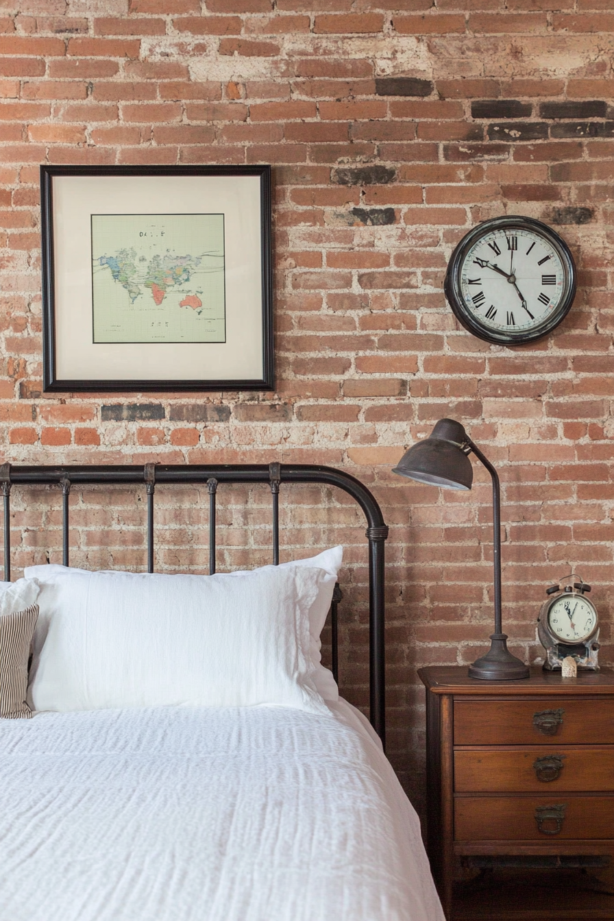 Bedroom with exposed brick wall behind bed