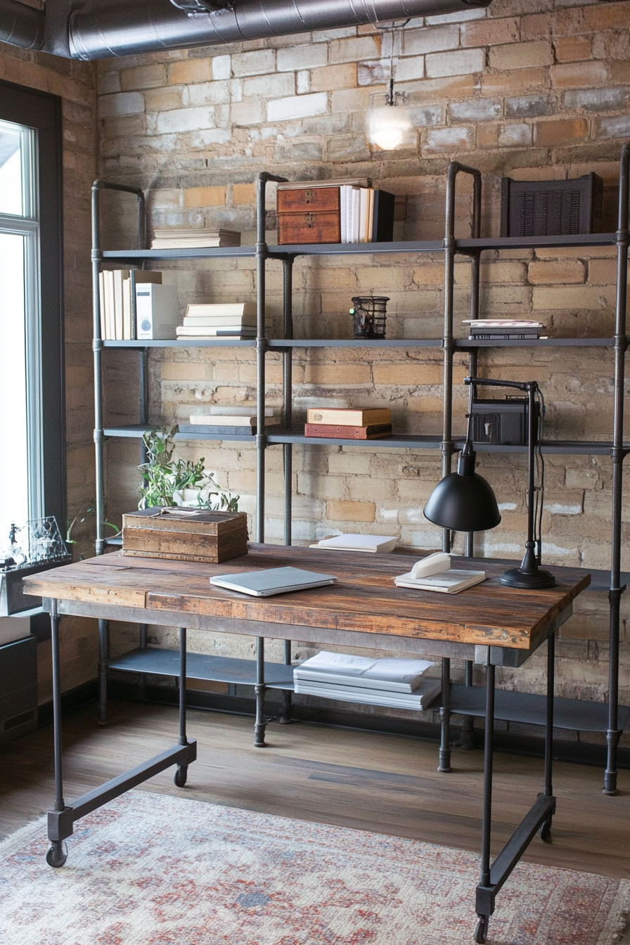 Home office with metal desk and reclaimed wood top