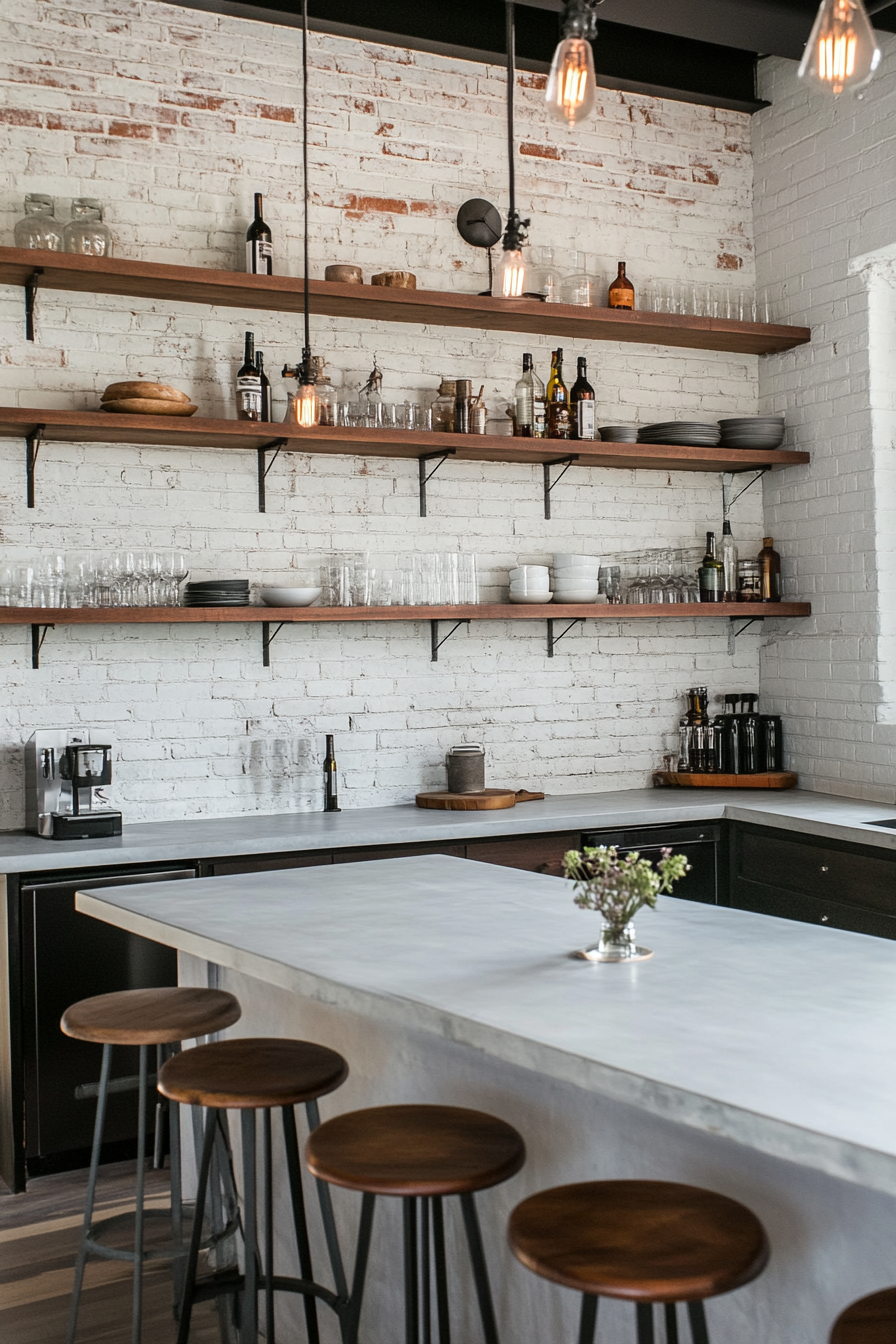 Kitchen with exposed brick walls and concrete countertops