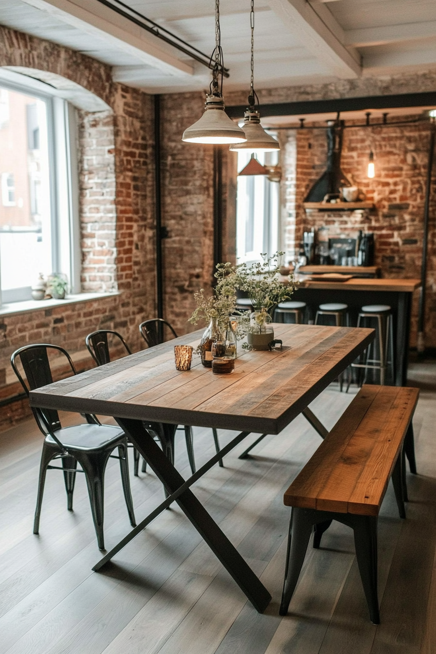 Dining area with metal table and reclaimed wood top