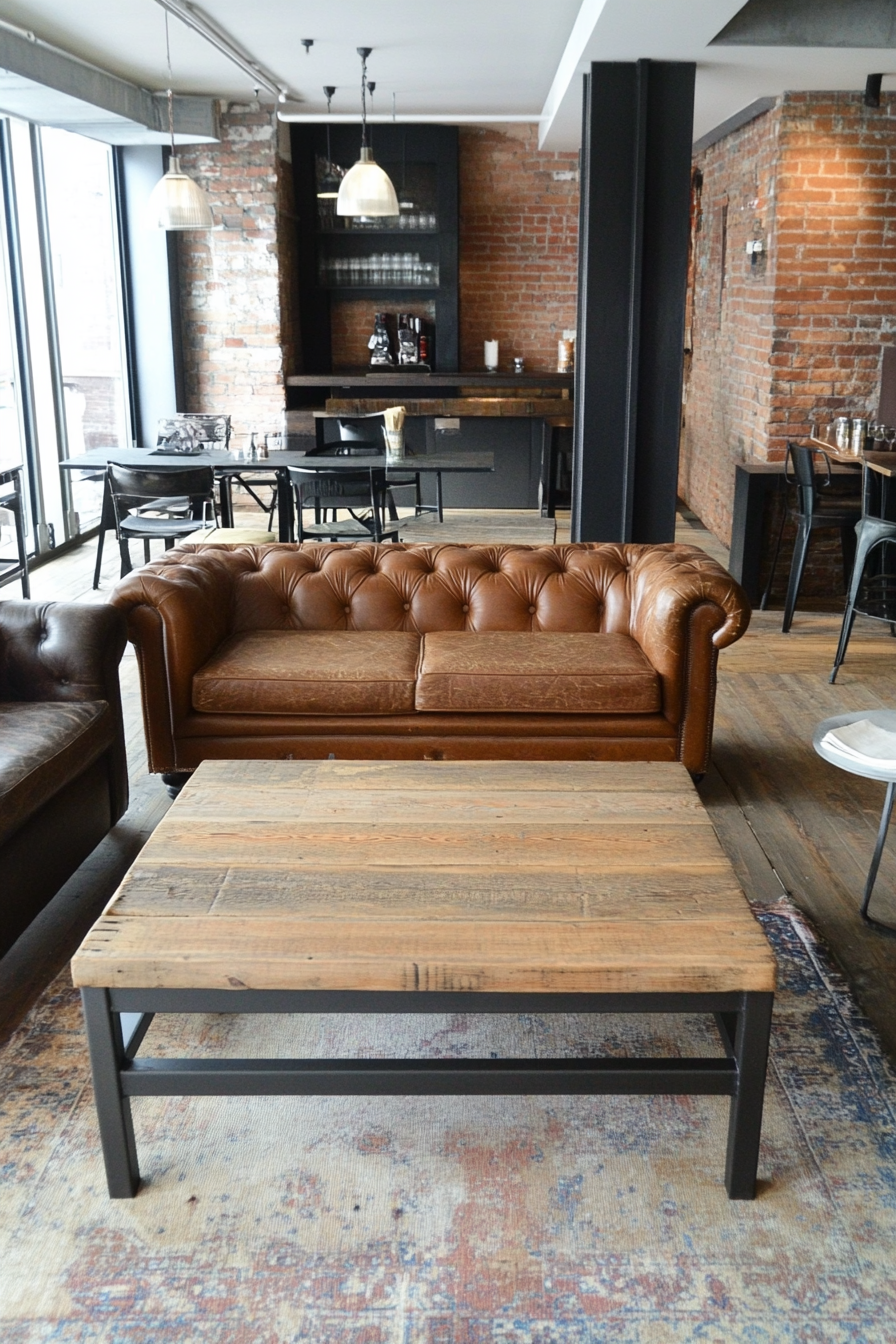 Living room with coffee table with metal frame and leather sofas