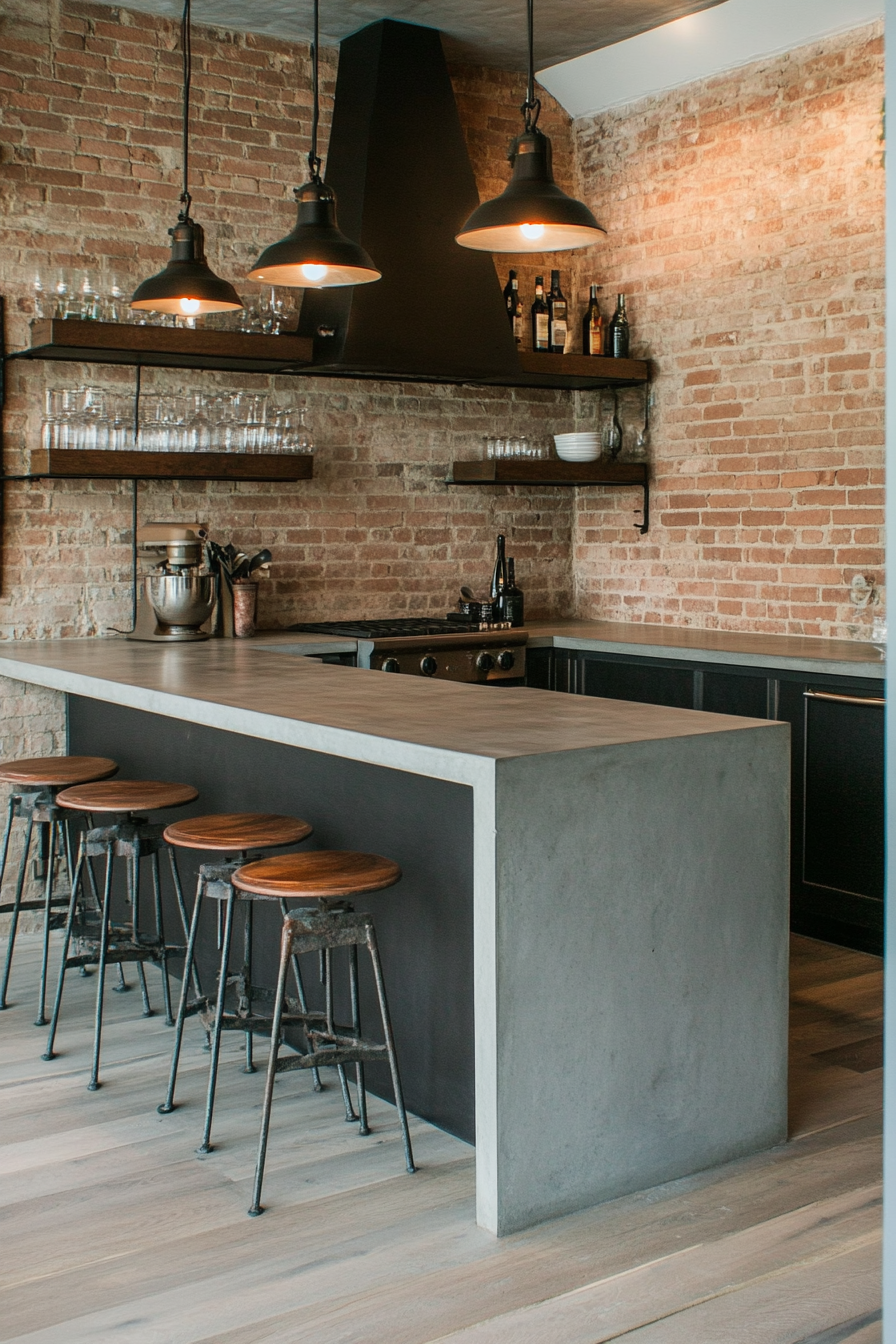 Kitchen with concrete countertops and metal fixtures