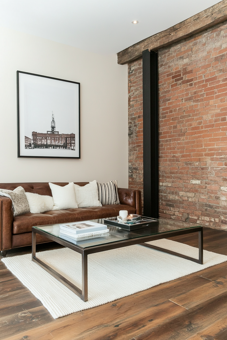 Living room with glass coffee table with metal frame