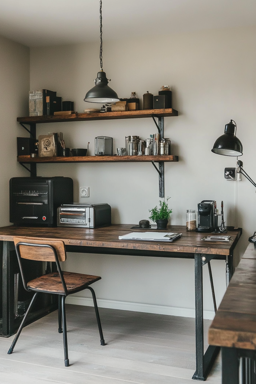 Home office with vintage industrial accessories